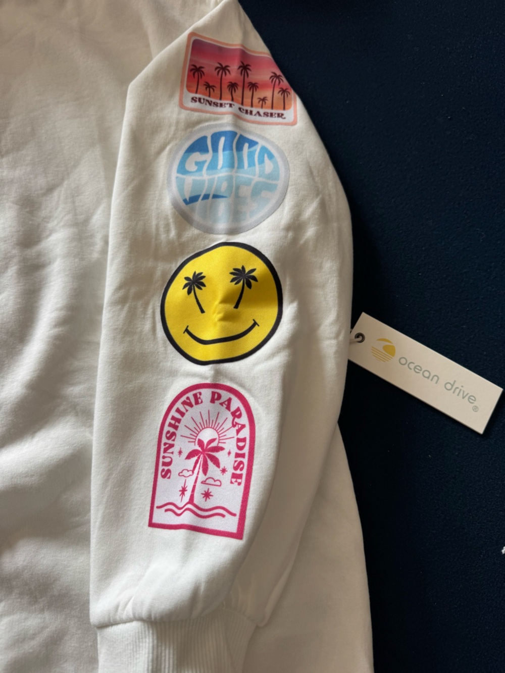 Ocean Drive White Sweatshirt with Yellow Smiley plud many more FUN Patch Prints🙂 - Picture 3 of 10